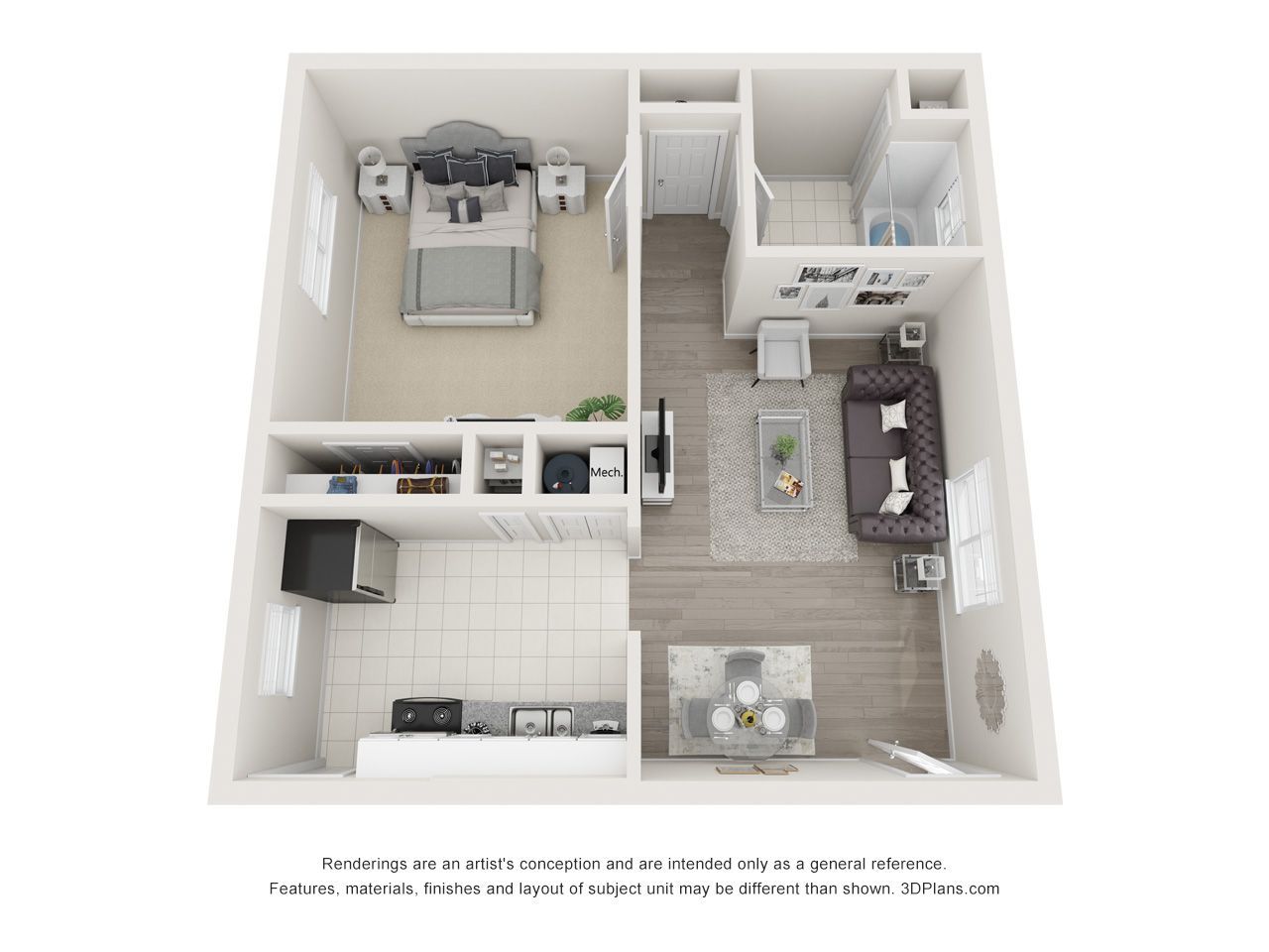 3D floor plan of a small apartment with bedroom, kitchen, living room, and bathroom