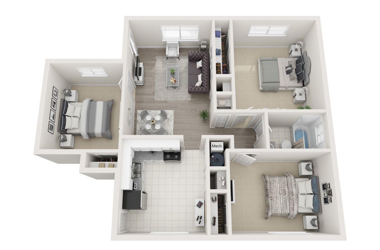 3D floor plan of a two-bedroom apartment with living room, kitchen, and bathroom, shown in white and gray tones