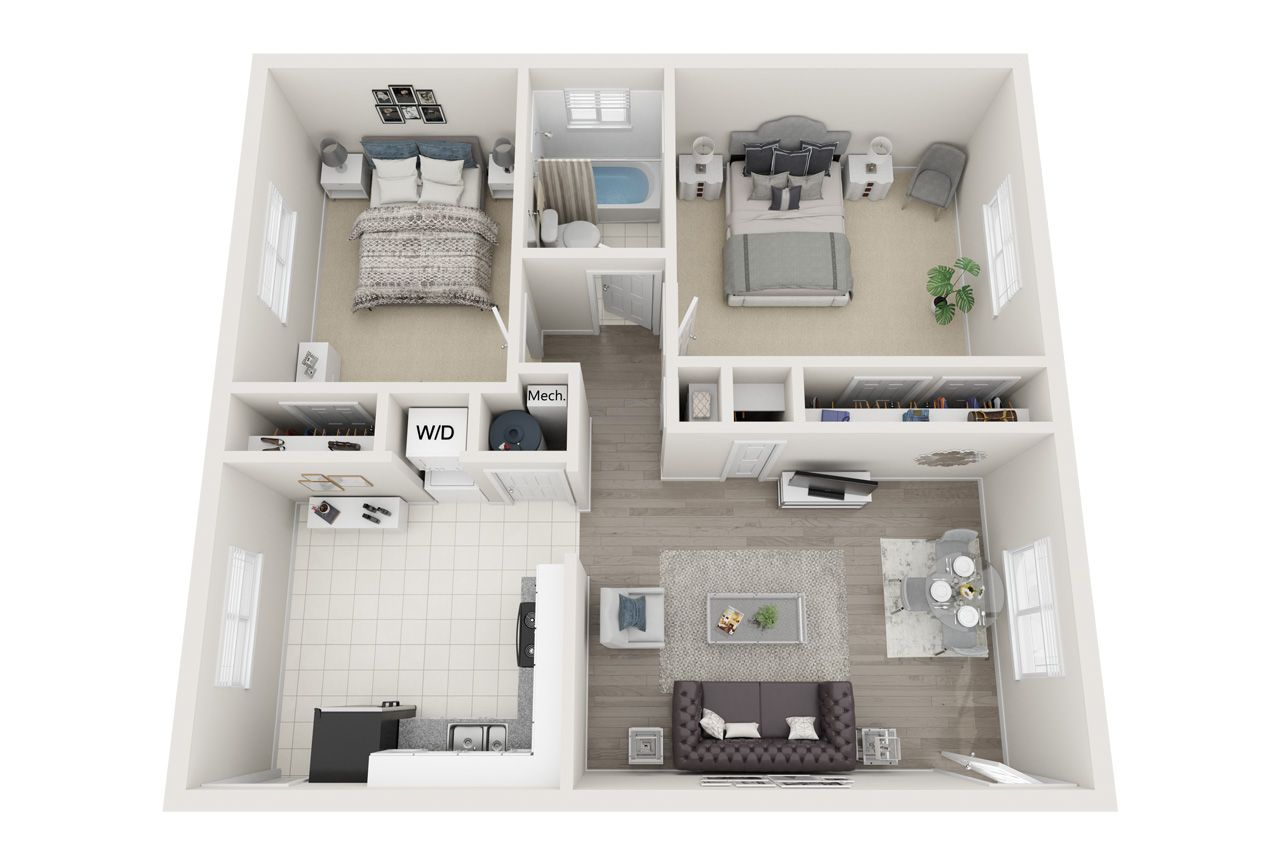 Top-down 3D floor plan of a small apartment with two bedrooms, a living room, kitchen, and bathroom
