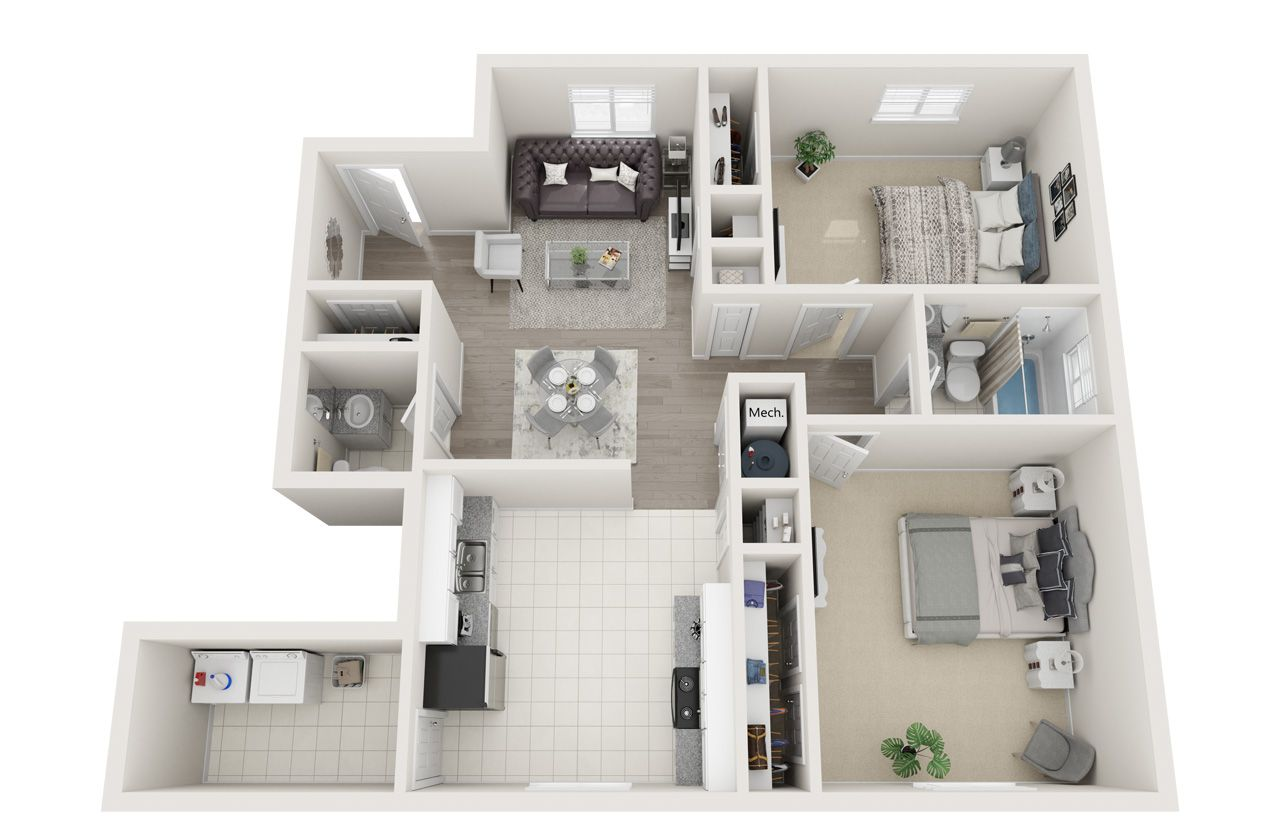 3D floor plan of a small apartment with living room, bedroom, kitchen, bathroom, and balcony.