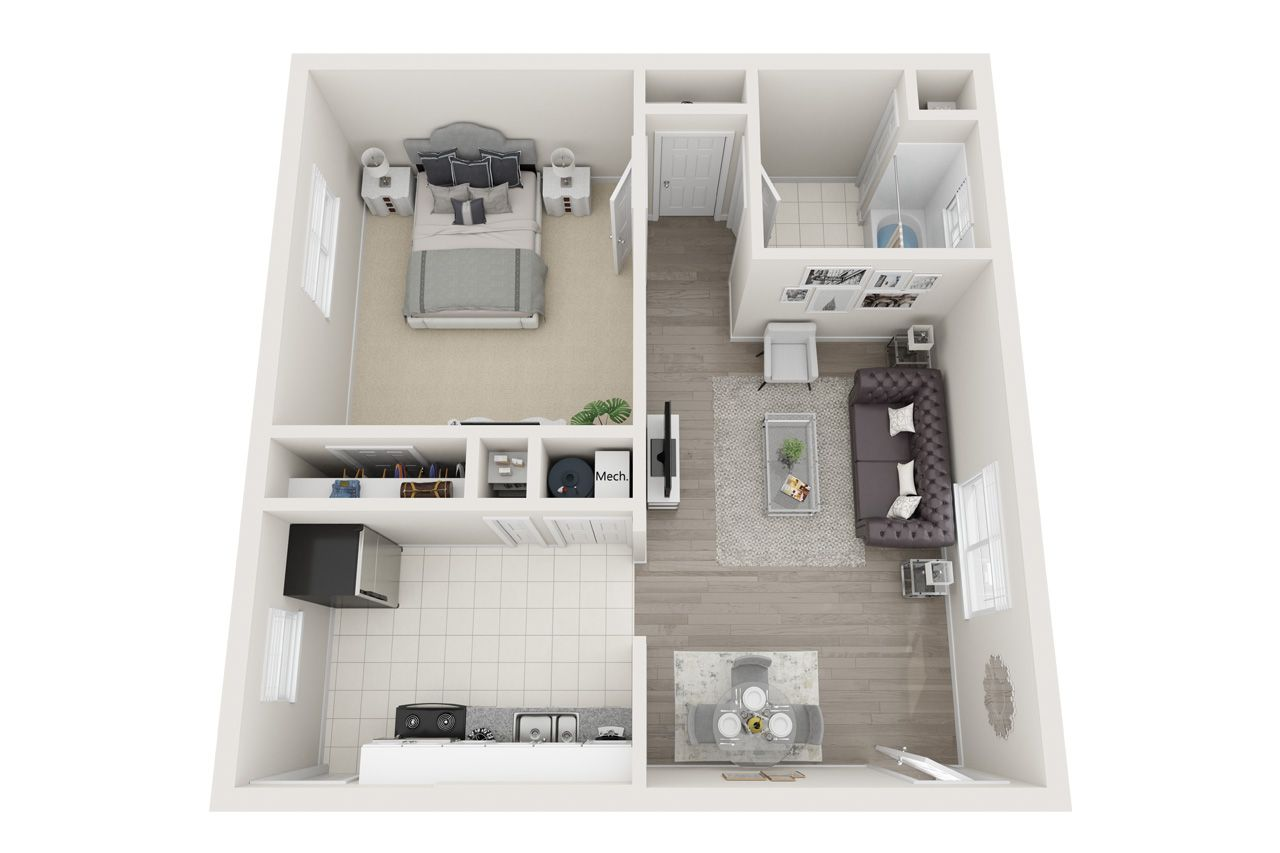 3D floor plan of a small apartment with bedroom, kitchen, living room, and bathroom