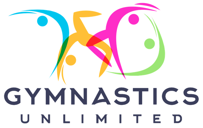 The logo for gymnastics unlimited has a colorful design