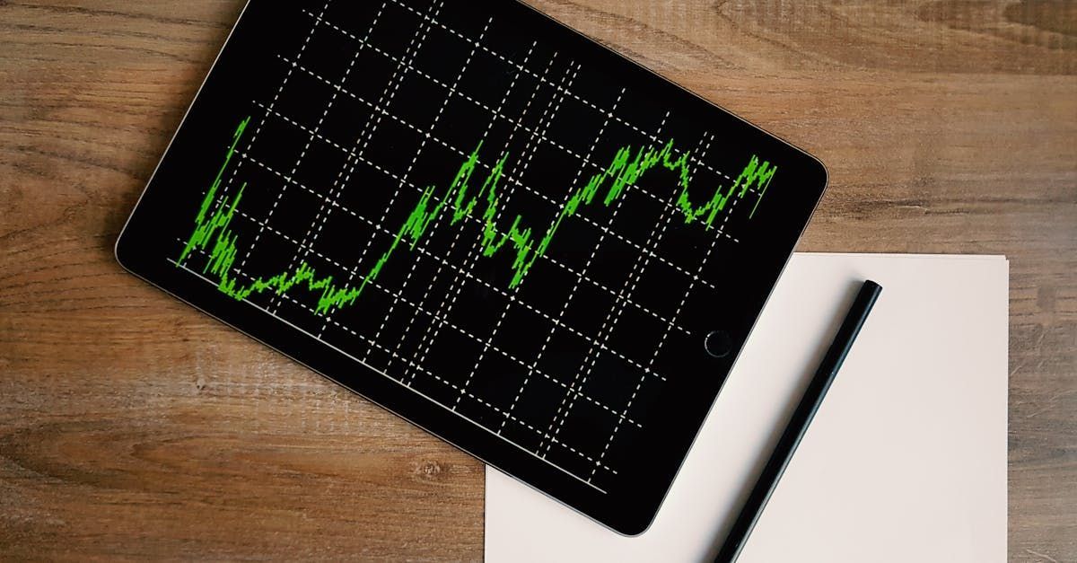 A tablet with a graph on it is sitting on a wooden table next to a pen and a piece of paper.