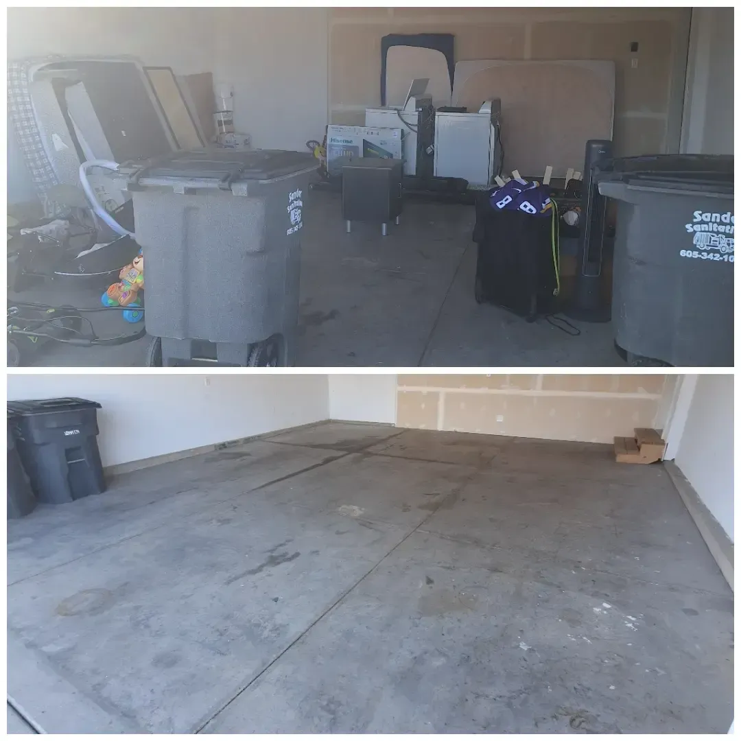Top: cluttered garage with trash bins, boxes, and items. Bottom: cleaned garage, mostly empty.