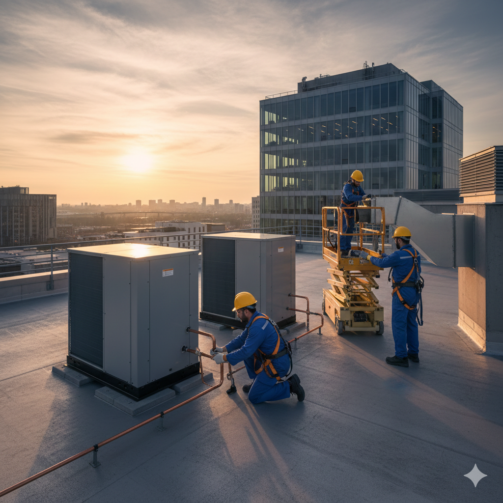 Workers in blue uniforms and yellow hard hats install rooftop HVAC units at sunset.
