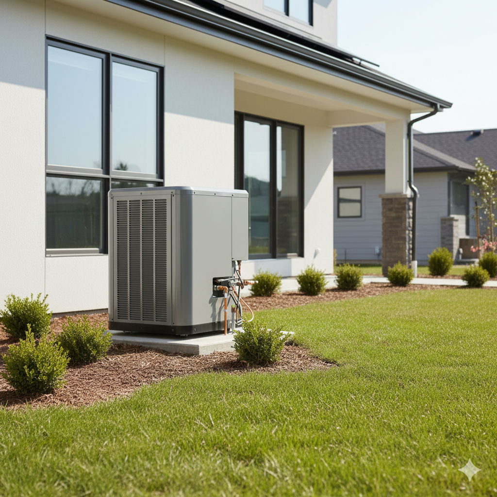 HVAC unit outside a modern house with a green lawn.