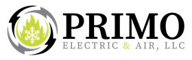 Primo Electric & Air, LLC logo: a green flame/snowflake emblem within swirling grey/black shapes, the name in black font.