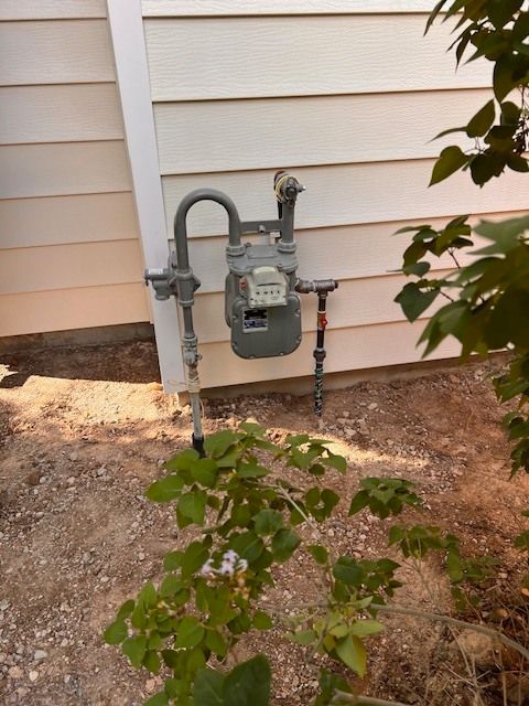 Gas meter on exterior wall of a building. Beige siding, gray meter and pipes, surrounded by dirt and plants.
