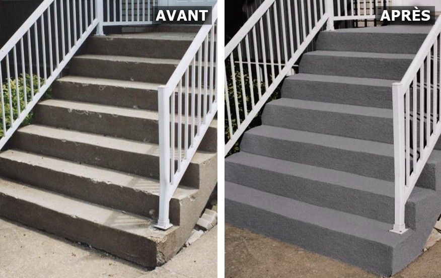 Comparaison d'escaliers en béton avant et après peinture grise. Rampes blanches.