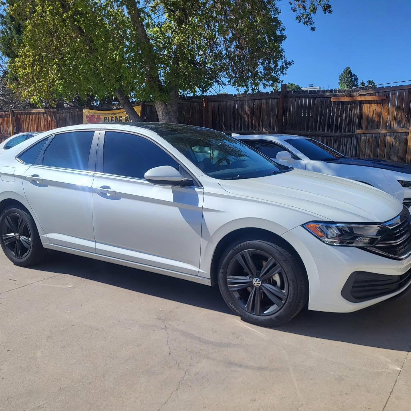 White sedan parked in a driveway beside another car, with a wooden fence and trees in the background