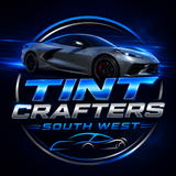 Tint Crafters South West window tinting service logo with blue car and sunroof graphic