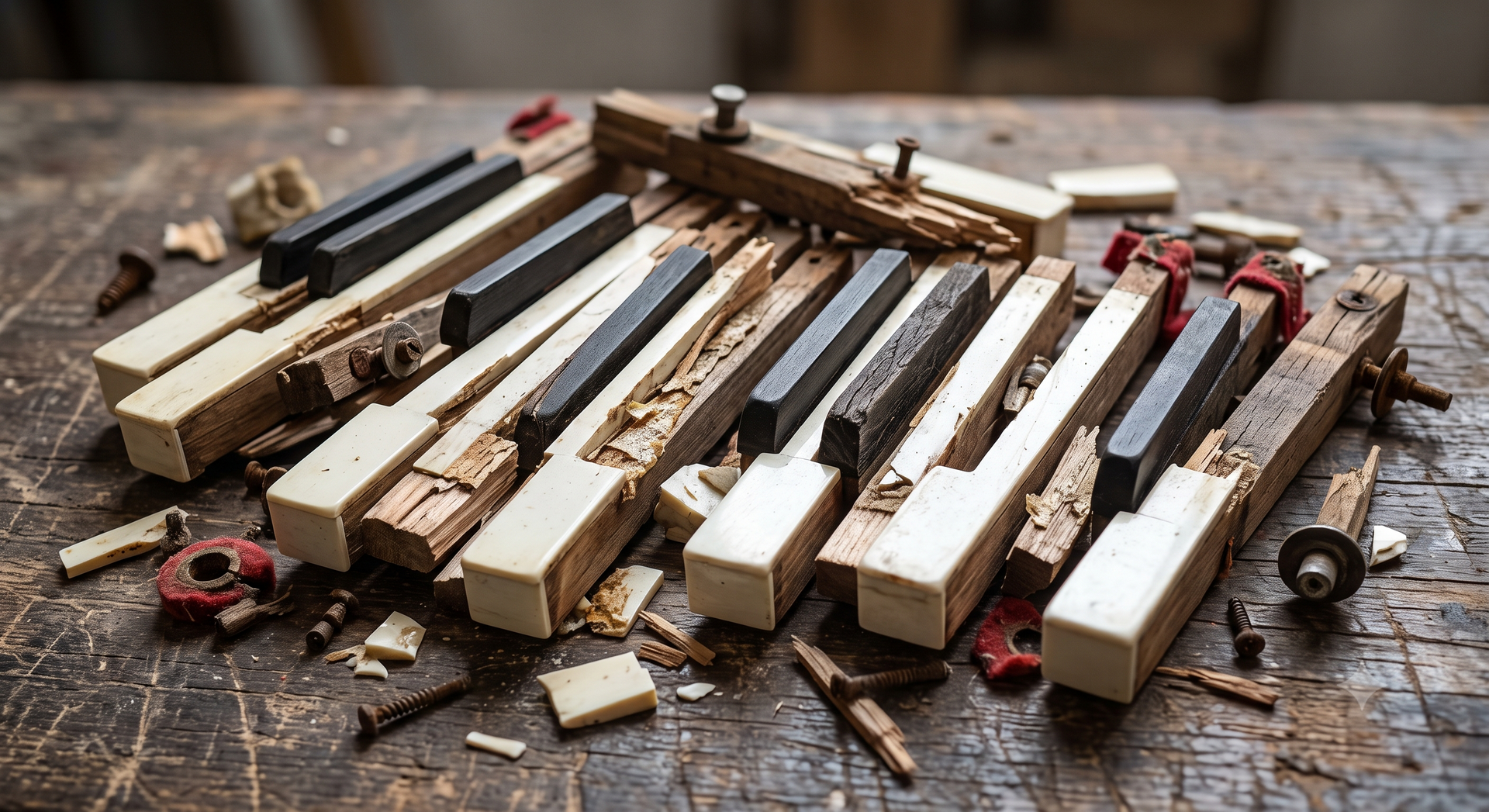 Piano keys laying broken across a workbench