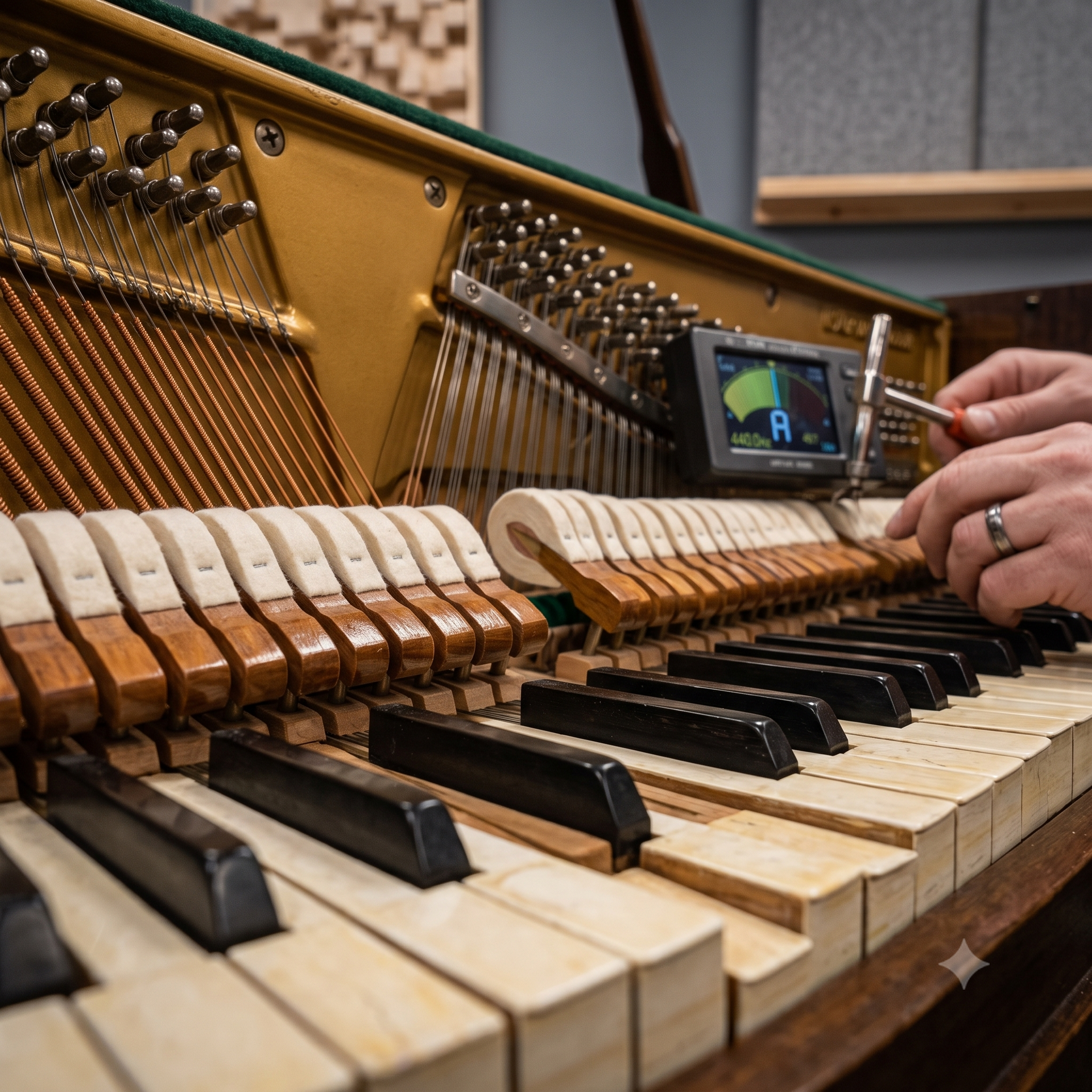A man's hands working on piano keys and using a electric tuning device