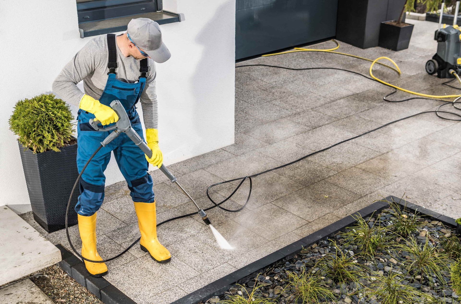 Person power washing a concrete patio with a pressure washer, wearing work clothes and yellow boots.