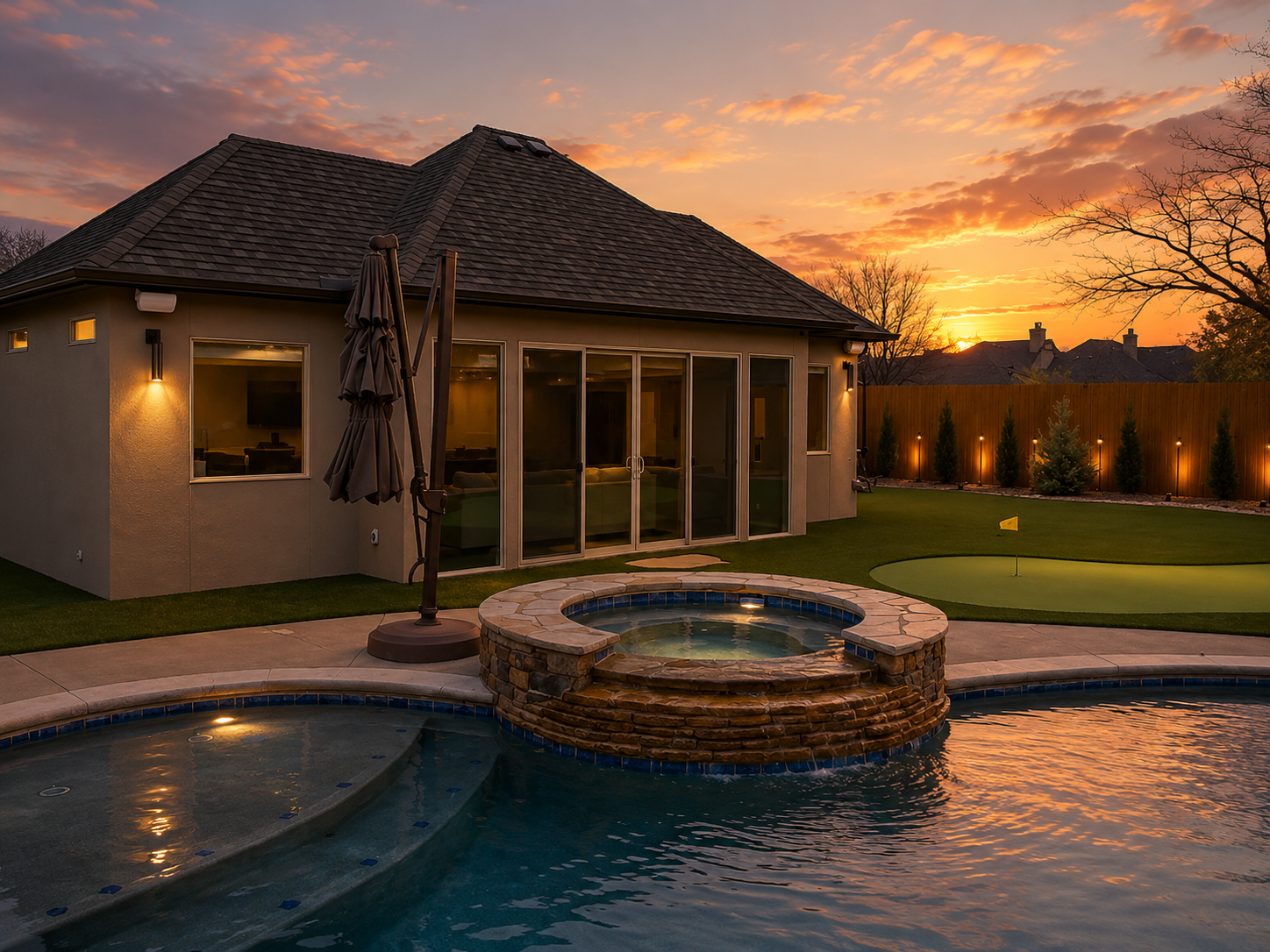 Backyard with pool, lounge chairs, pergola, and house; sunny day.