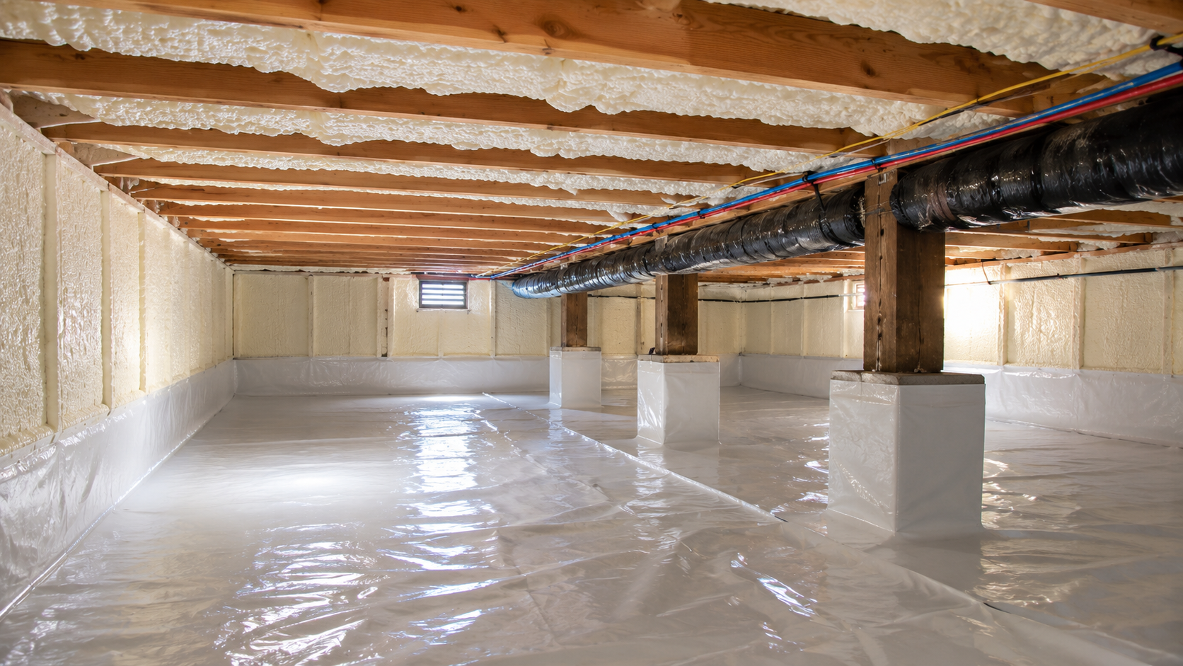 Worker in white protective suit spraying foam insulation into an attic wall