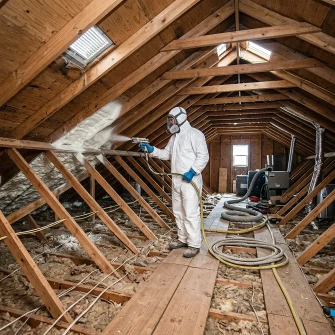 Worker in white protective suit and respirator inspecting insulation inside a wooden-framed building