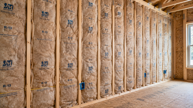 Worker spray-insulating foam inside a wall cavity in a construction site