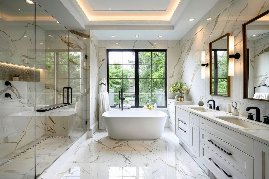 Luxurious bathroom with marble tile, a freestanding tub, glass shower, and large window.