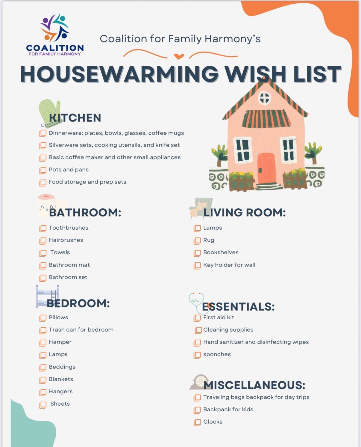 Coalition for Family Harmony housewarming wish list categorized by room, including kitchen, bath, bedroom, and essentials.