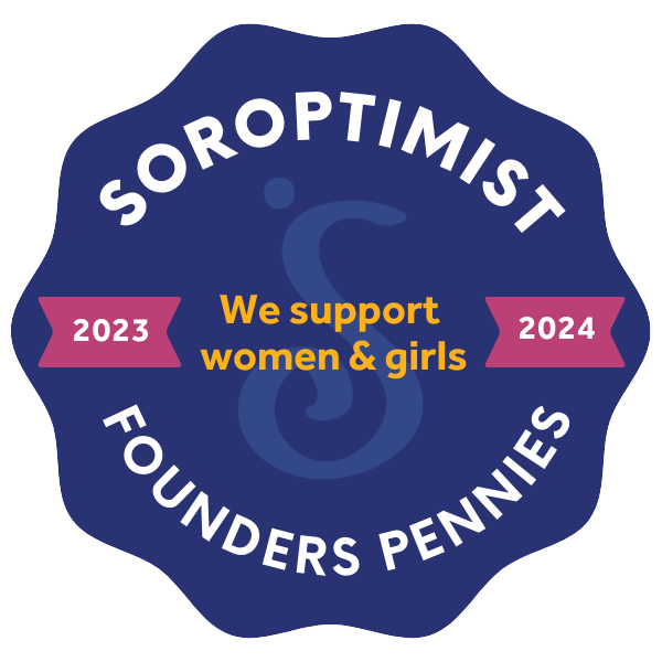 Blue Soroptimist Founders Pennies badge with text