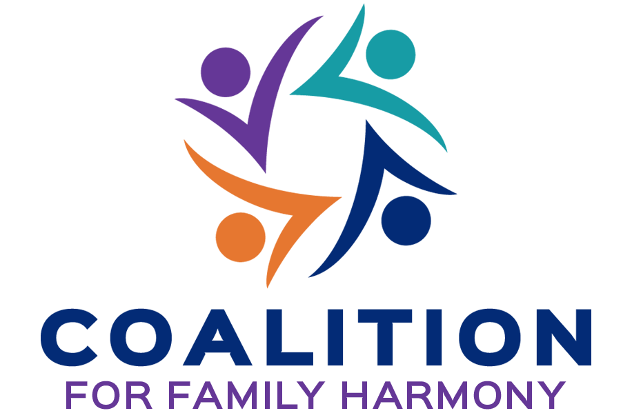 Logo for Coalition for Family Harmony with four stylized figures in purple, teal, dark blue, and orange forming a circle.