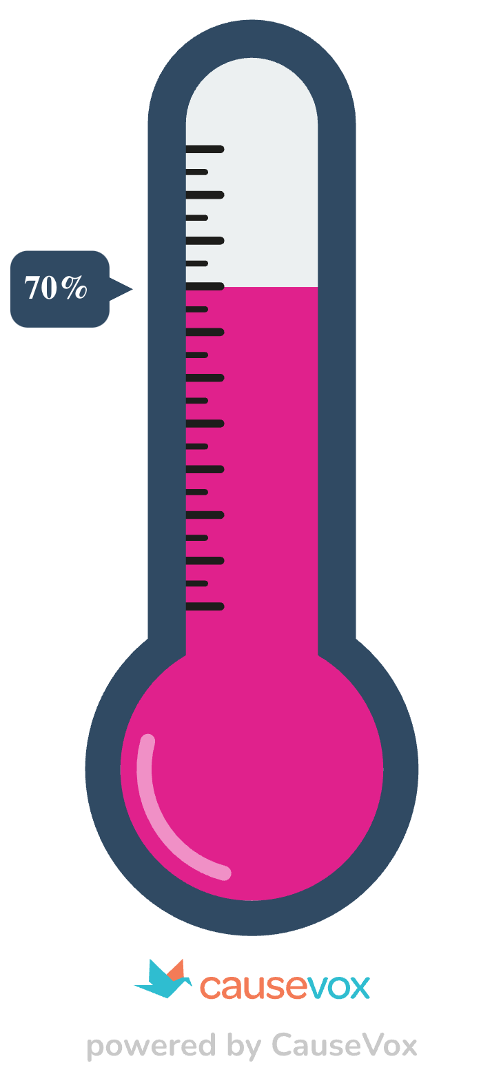 A thermometer graphic filled with pink fluid up to 70%, labeled