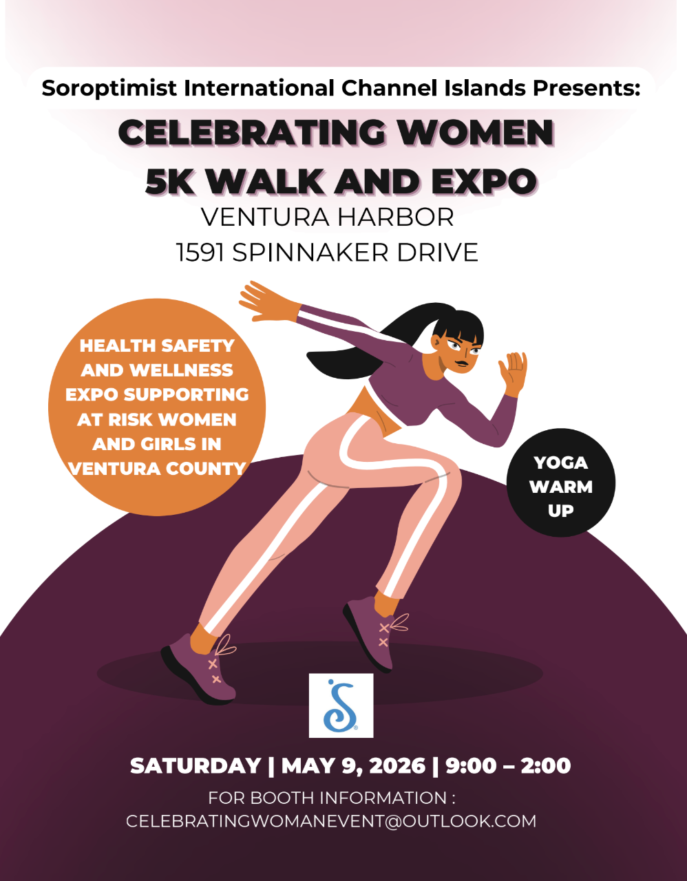 Event flyer for Celebrating Women 5K Walk and Expo at Ventura Harbor on May 9, 2026, featuring an illustration of a runner.