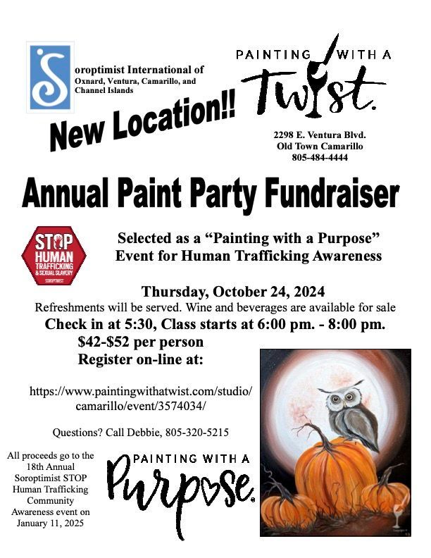 Flyer for an Oct 24, 2024, Soroptimist International paint party fundraiser for human trafficking awareness.