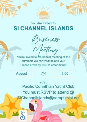 Event flyer for an SI Channel Islands Business Meeting on August 13, 2025, at the Pacific Corinthian Yacht Club.