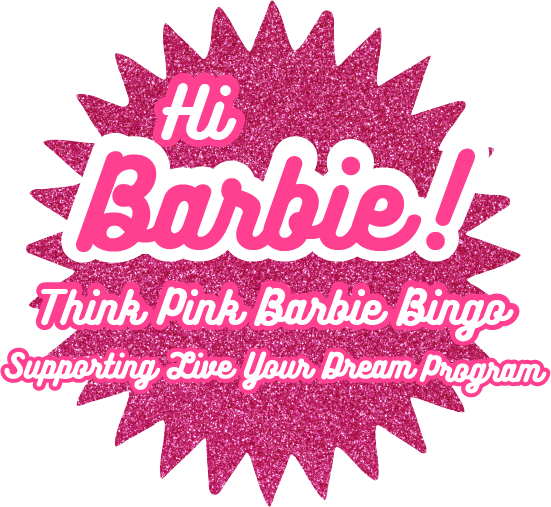 A bright pink glittery star-shaped emblem with the text