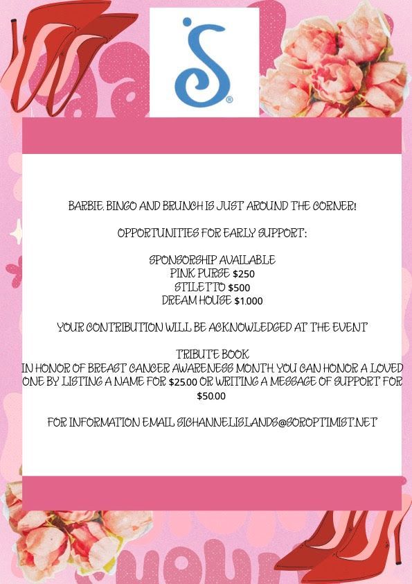 Pink flyer for a Breast Cancer awareness event featuring sponsorships, a tribute book, and email contact information.