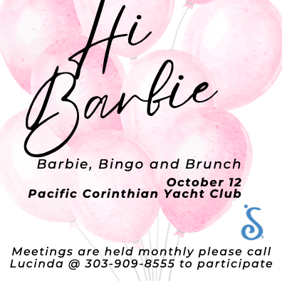 Flyer for a Barbie, Bingo and Brunch event on October 12 at the Pacific Corinthian Yacht Club. Call 303-909-8555 to join.