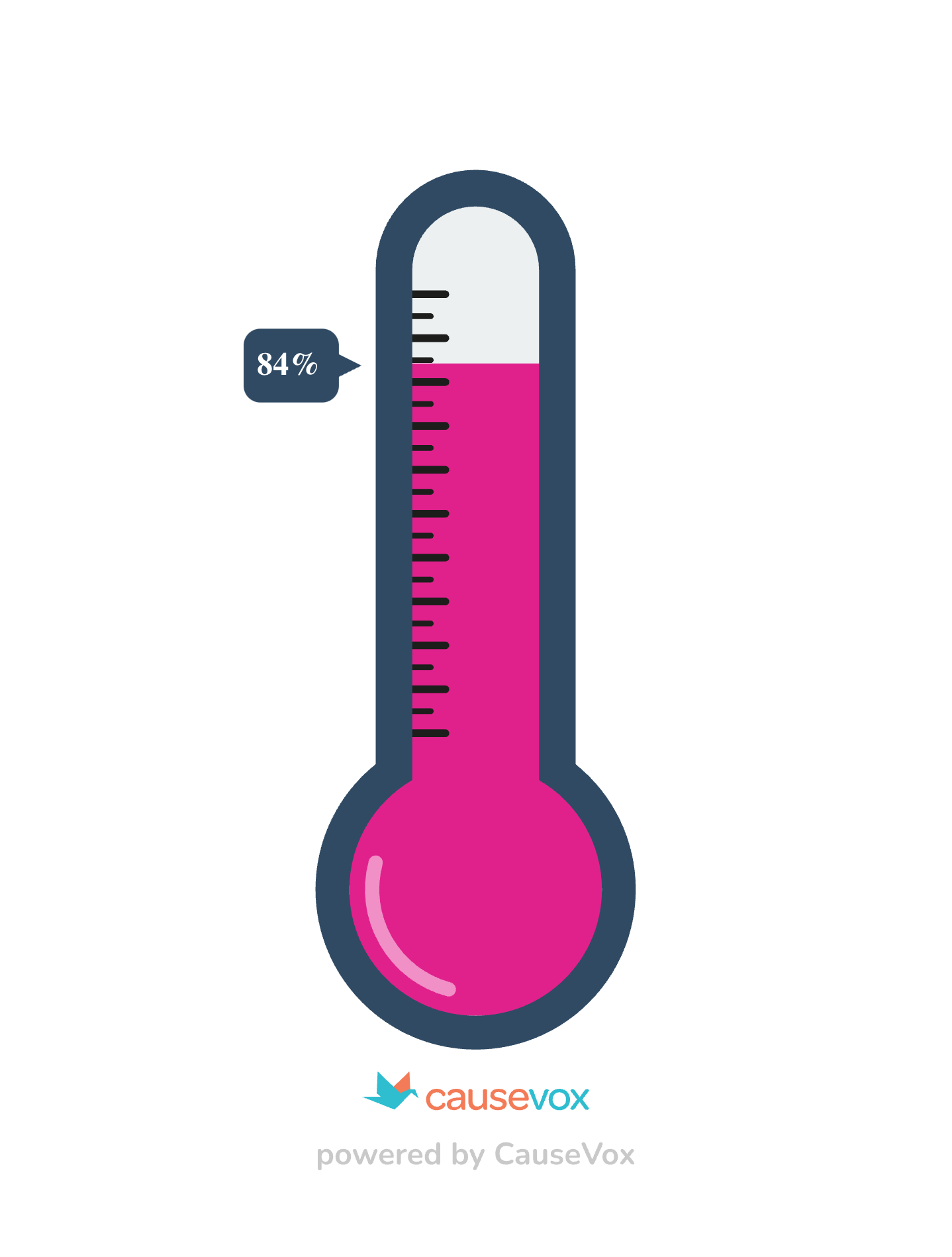 A pink-filled fundraising thermometer graphic showing 84% completion, with CauseVox branding at the bottom.