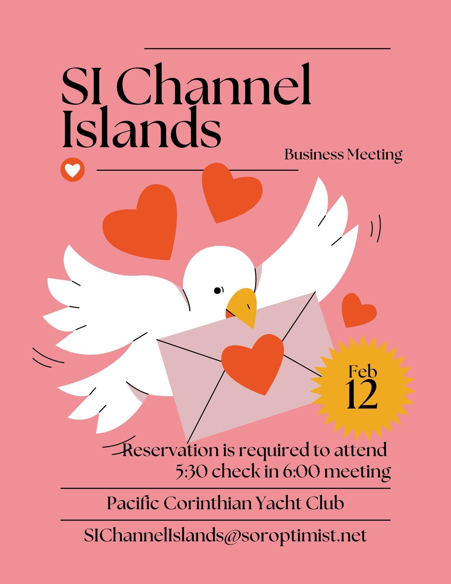 A pink flyer for an SI Channel Islands business meeting on Feb 12 at Pacific Corinthian Yacht Club, featuring a bird.