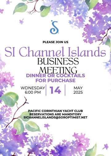 Event flyer for an SI Channel Islands business meeting on May 14, 2025, at 6:00 PM at Pacific Corinthian Yacht Club.