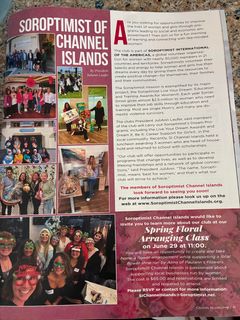 A collage showing Soroptimist of Channel Islands members at various community events, meetings, and a floral arranging class.