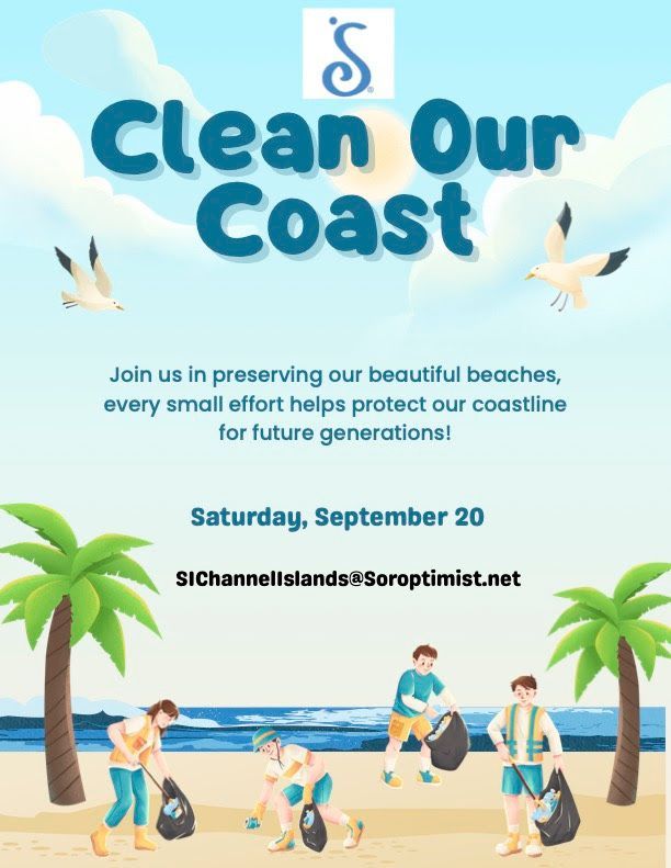 Event flyer for a beach cleanup on Saturday, September 20, featuring four people collecting trash on a sunny beach.