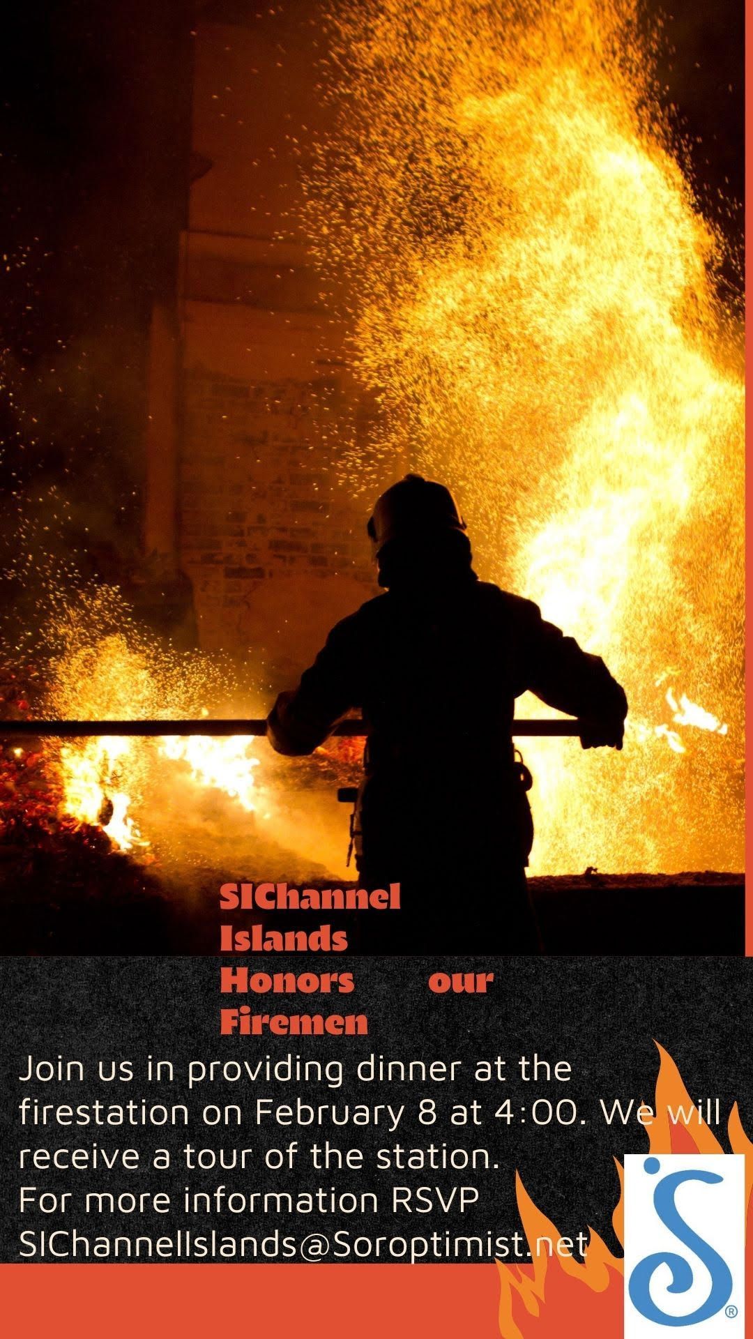 A silhouette of a firefighter stands before a large, bright fire, with text below announcing an event to honor firemen.