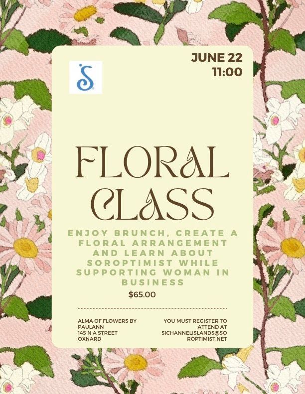 Floral class invitation featuring a light yellow background, pink floral border, event details, and a $65 entry fee.