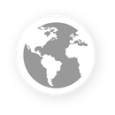 Gray world map icon centered in a white circle on a white background.