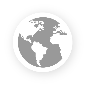 Gray world map icon centered in a white circle on a white background.