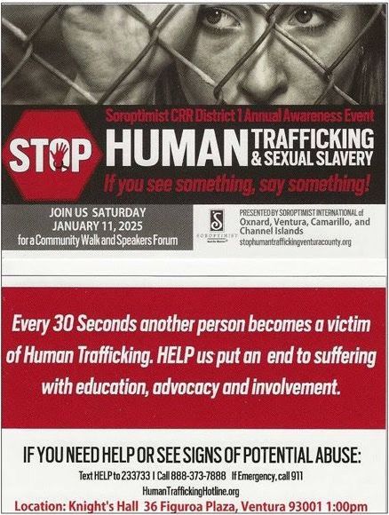A flyer for a human trafficking awareness event on January 11, 2025, at Knight's Hall in Ventura, including helpline info.