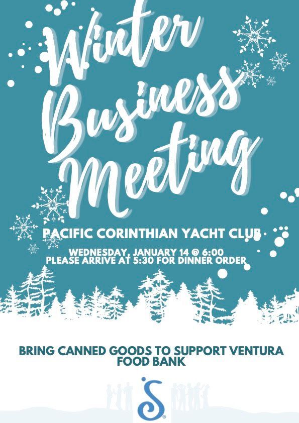 Flyer for a Winter Business Meeting at Pacific Corinthian Yacht Club, Jan 14 at 6:00, asking for food bank donations.