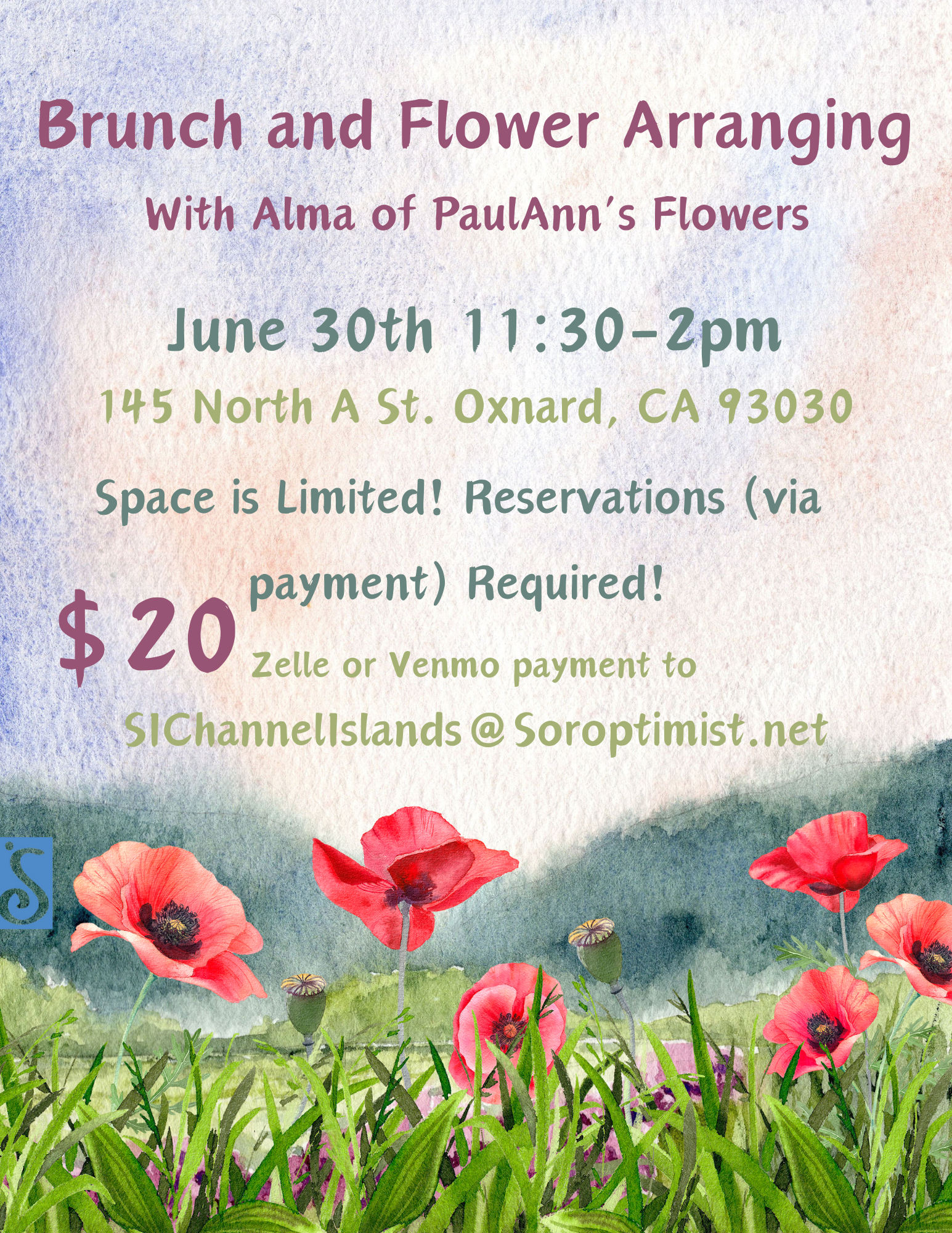 Brunch and Flower Arranging with Alma of PaulAnn's Flowers. June 30th, 11:30-2pm