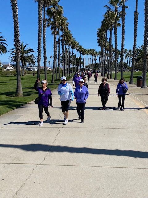 A group of people walking together on a paved path lined with tall palm trees under a bright blue sky.