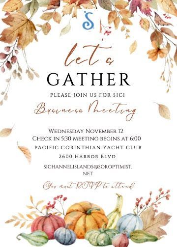 Event invitation for a SICI business meeting on Nov 13 at the Pacific Corinthian Yacht Club, decorated with fall foliage.
