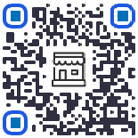 A black and white square QR code with a shop icon in the center and blue corners, used to link to an online store.