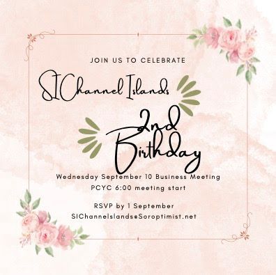Invitation for the SI Channel Islands 2nd Birthday celebration on September 10, with details on time, location, and RSVP.