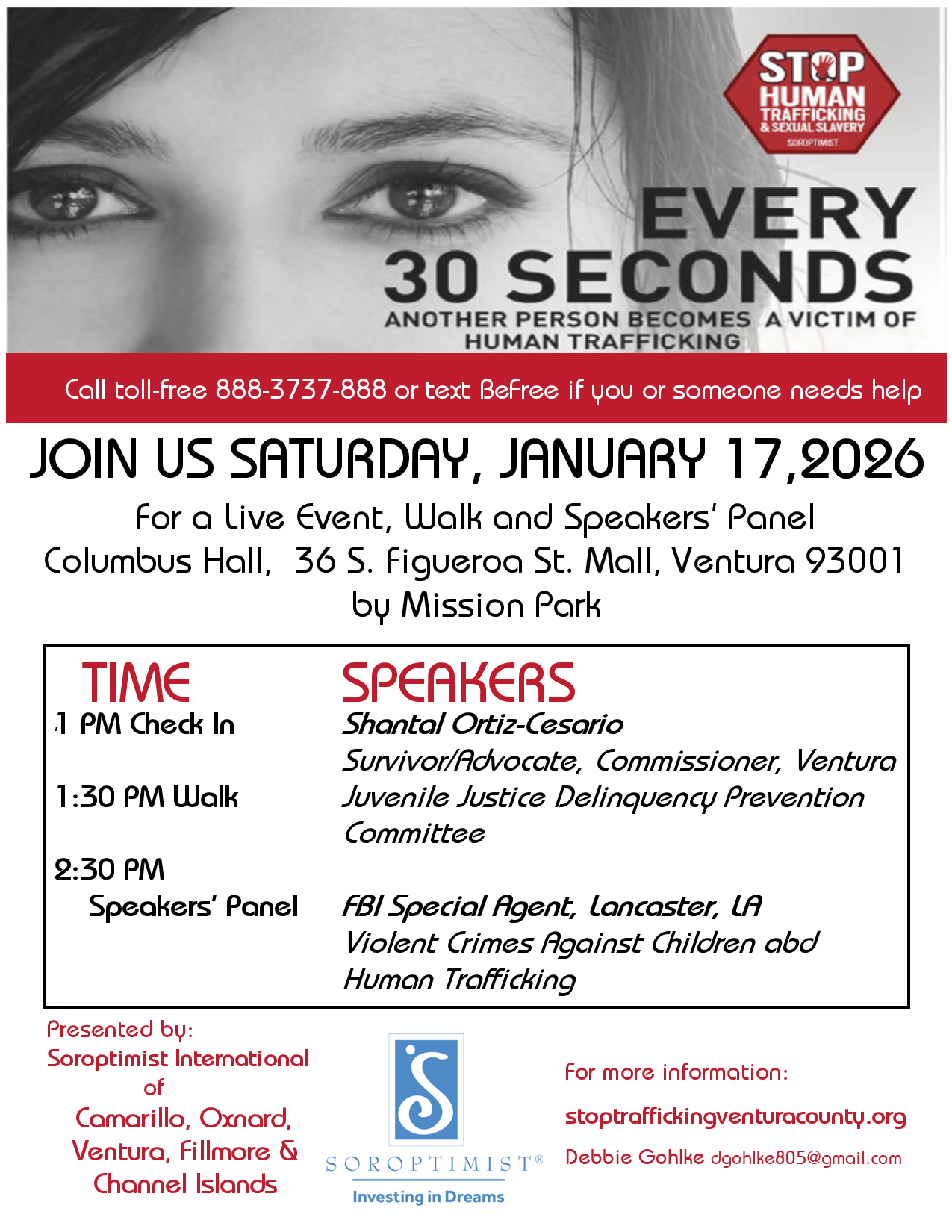 Flyer for a January 17, 2026, anti-human trafficking event in Ventura featuring a walk, speakers, and contact information.
